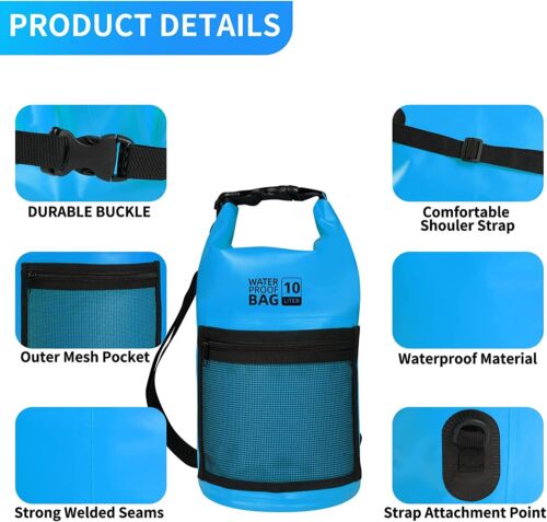 Bojury Waterproof Dry Bag 10L with Mesh Pocket and Adjustable Strap Portable - Picture 3 of 7
