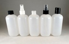 Natural HDPE 8oz Boston Round Plastic Bottles w Sprayer, Disc Cap, Lotion Pump