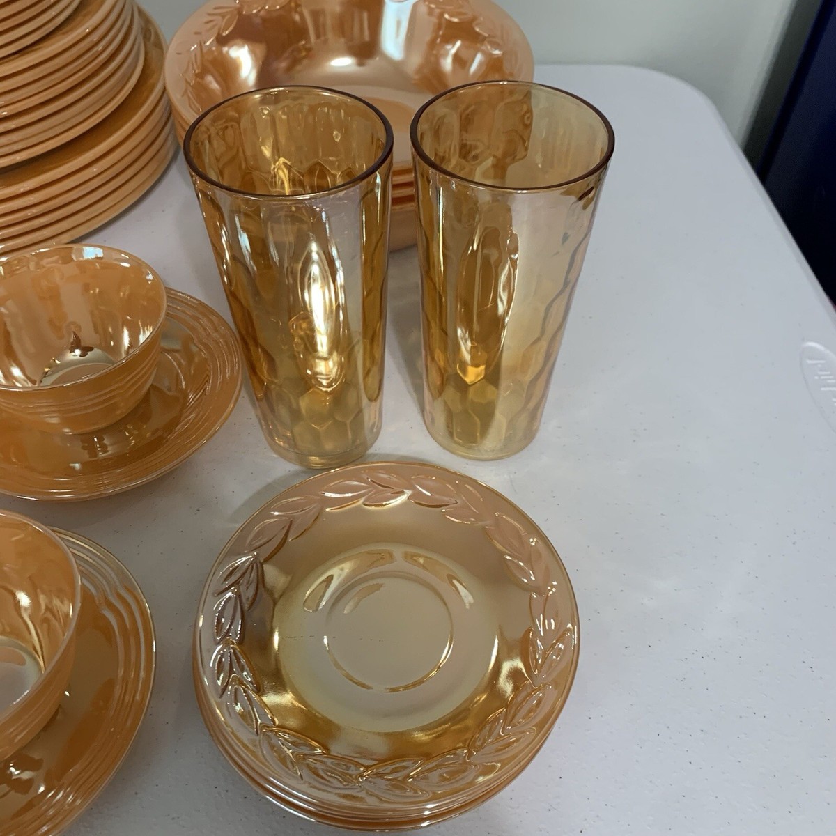 65 Anchor Hocking Fire King Dinnerware Dish Set, Peach Gold