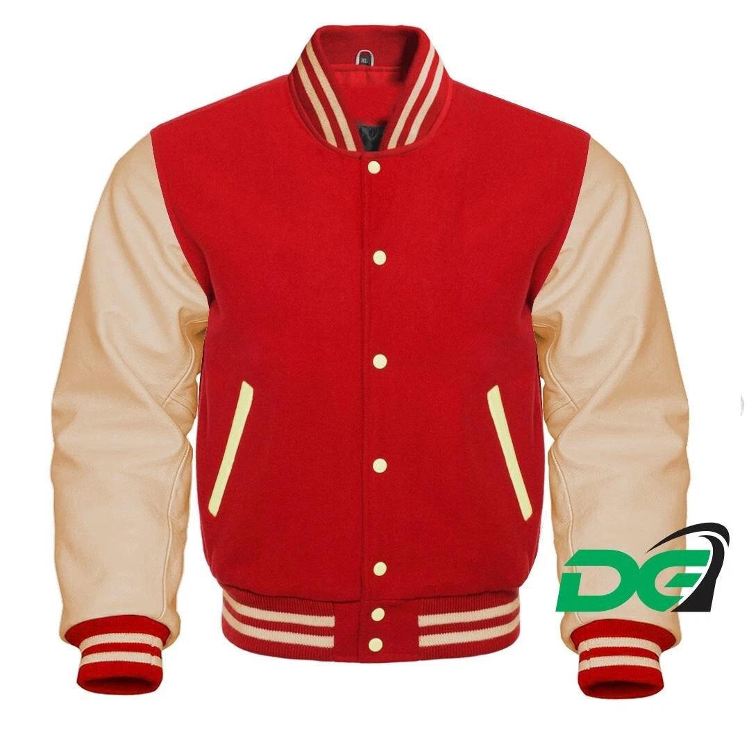 Varsity Letterman Baseball Red Wool and Genuine Cream Leather Sleeves JACKET
Opens in a new window o