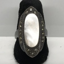Vintage Sterling Silver Marcasite  Mother of Pearl Bold Look Ring sz 6
