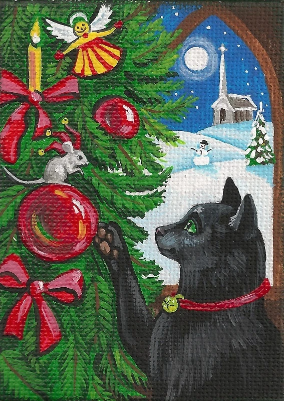ACEO PRINT OF PAINTING RYTA BLACK CAT MOUSE XMAS ELF FOLK ART ANGEL tree gift 🌺