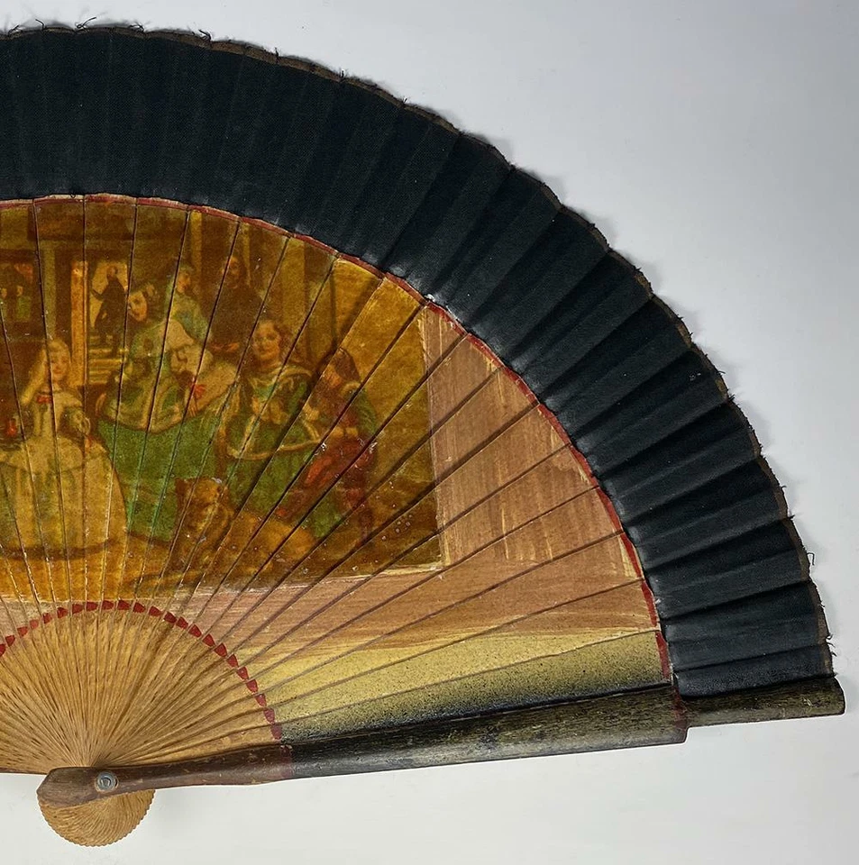 Antique Spanish Hand Fan, Excellent Condition Wood, Linen, Transfer of Valasquez - Image 3 of 4