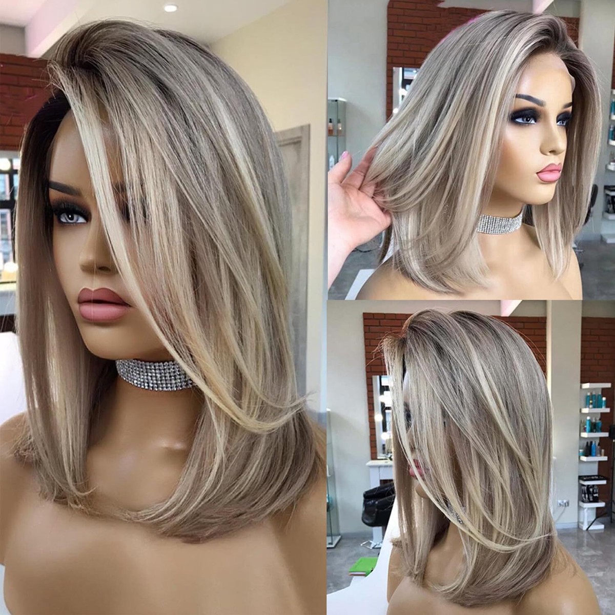 Ash Blonde Wig Human Hair with Dark Roots Pre Plucked Remy Hair