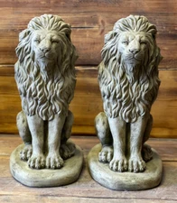 STONE GARDEN PAIR OF PROUD LION ON BASE STATUE PILLAR CAP DETAILED GIFT ORNAMENT