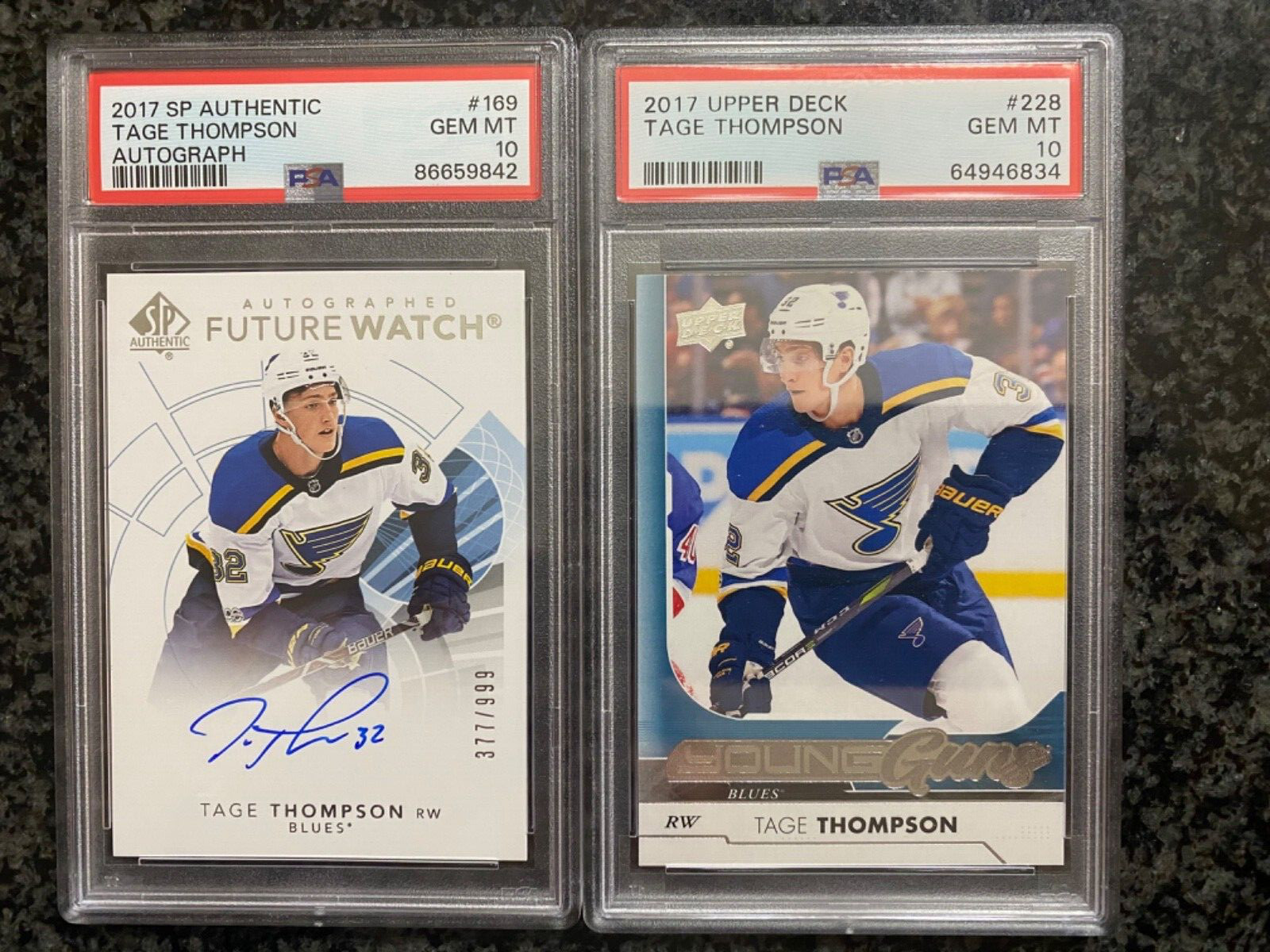 2017 SP Authentic Tage Thompson Future Watch Auto Rookie /999 Young Guns PSA 10