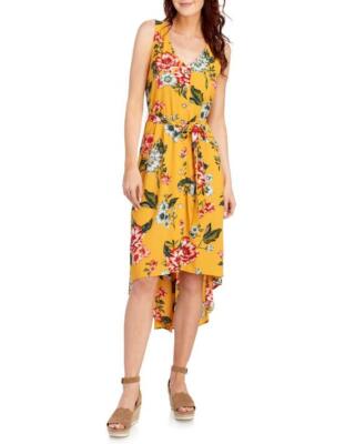 Luxology ladies mustard yellow floral high low button dress belt S M L XL  $86 | eBay