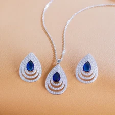 Fashion Brand Cubic Zirconia TearDrop Earring Pendant Necklace Blue Jewelry Set