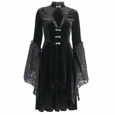 Women Velvet Lace Dress Flared Long Sleeve Gothic Retro Steampunk Party Club SPW