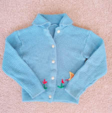 Vintage 60s Hand Knit Baby Cardigan Blue with Flowers Embroidery