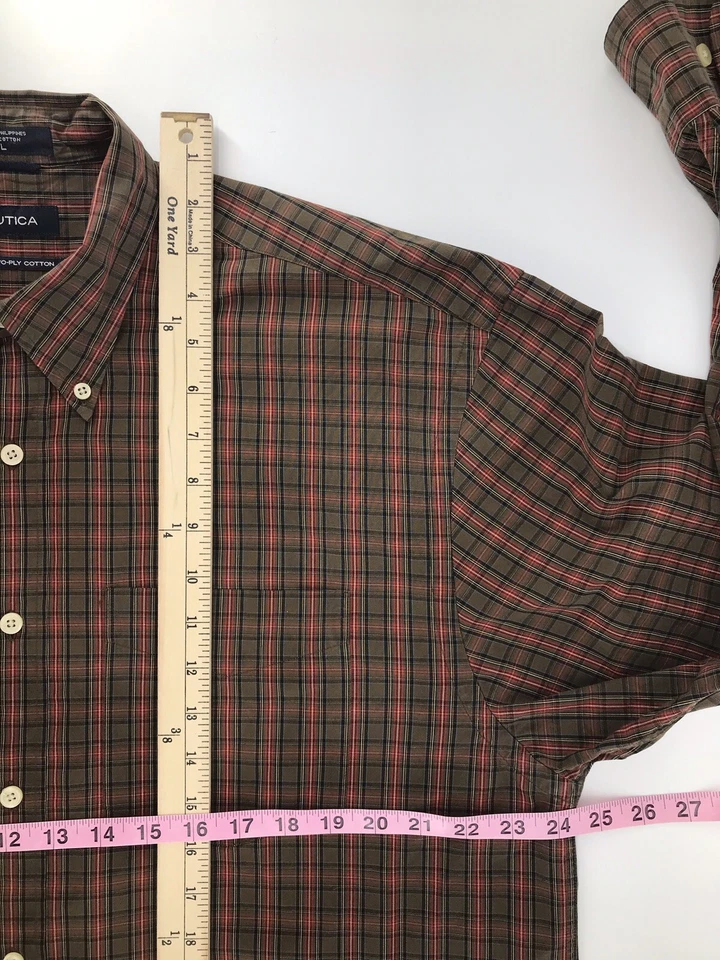 Camisa vintage con botones Nautica para hombre talla grande manga larga marrón verde a cuadros Foto 4 de 4