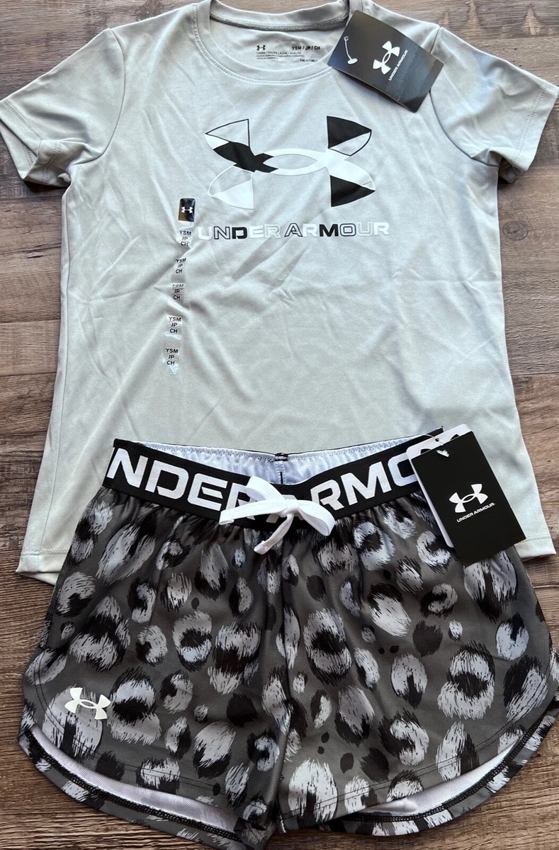 NWT Under Armour YXL Girls Gray/Black/White Printed Shorts Set