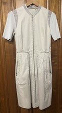 Sz 6 ELIE TAHARI Stretchy Khaki Full Zip Pleated Dress Ladies