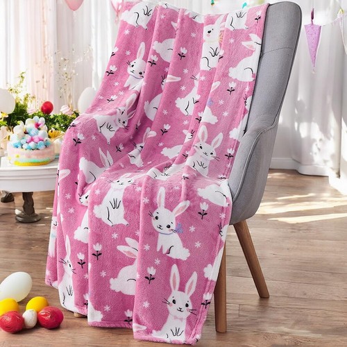 Spring Easter Bunny Fleece Throw Blanket: Spring Bunnies and Flowers, Soft Co...
