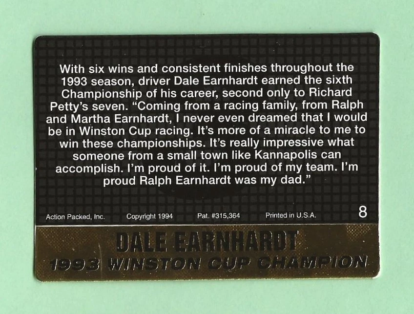 1994 Action Packed Dale Earnhardt #8 - Image 2 of 2