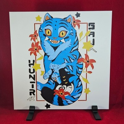 Lucky Blue Cat 3D Hueforge Wall Art 8x8 Japanese Style Creature Decor