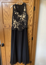 J KARA Womens Black Sleeveless Beaded Pop Over Lined Chiffon Dress Gown Sz 16