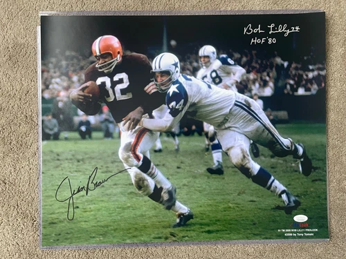 JIM BROWN & BOB LILLY signed 16x20 Browns & Cowboys w/ HOF Inscription, JSA