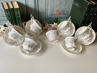 6 Richmond Bone China Tassen, Untertassen & Zuckerdose Blue Rock Muster Afternoon Tea
