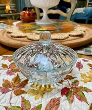 Vintage KIG Indonesia 5 1/8" GLASS CANDY DISH Bowl Jar w/Lid Spiral Starburst