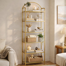 Bookcase 6 Tier Glass Shelves Gold Frame Slim Storage Display Unit Tall Rack