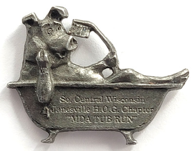 Janesville HOG Chapter MDA Tub Run Pewter Pig Bathtub Pin WI Motorcycle Event