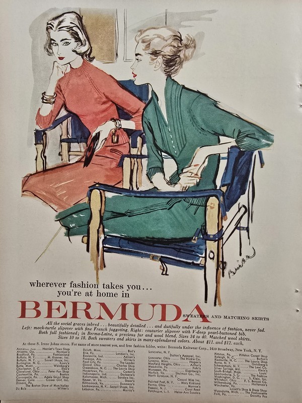1956 Women's Bermuda sweaters matching skirts Vintage Fashion Art Ad 