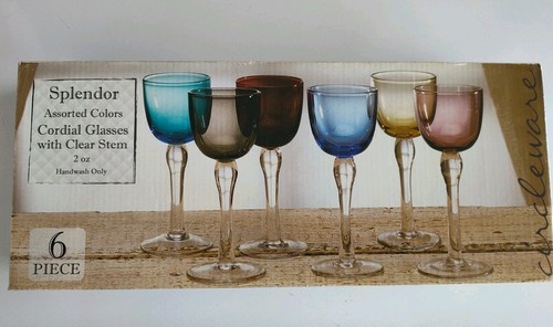 Set of 6 Multi-colored Cordial Glasses with Clear Stem - Picture 2 of 3