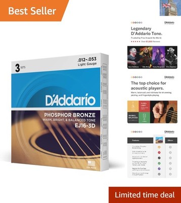 D'Addario 3er-Pack Phosphor Bronze Akustikgitarrensaiten - warmer, satter Ton 12-53