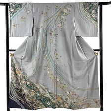 JAPANESE KIMONO HOMONGI Blue-gray 152cm 5 ft 0 in PURE SILK AA8269