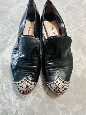 Miu Miu Perforated Leather Cap Toe Loafers Black Silver  Flats 39 US 8.5 $600