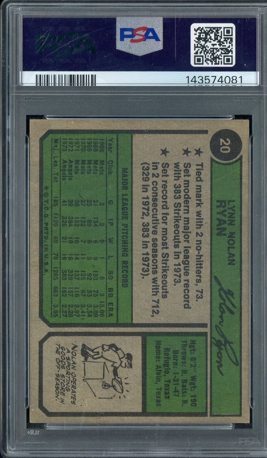 Nolan Ryan HOF Signed 1974 Topps #20 Angels PSA/DNA 10 AUTO view 2