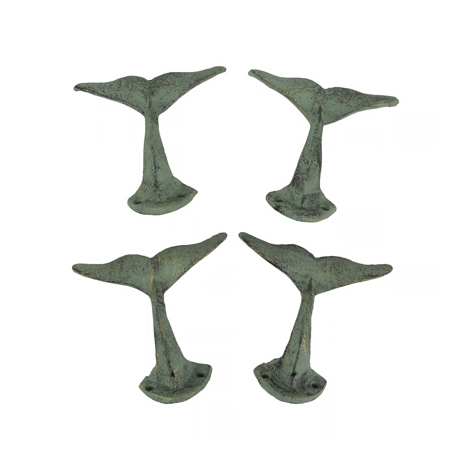 Zeckos Set of 4 Green Verdigris Finish Cast Iron Whale Tail Wall Hooks