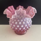 UNBRANDED FENTON STYLE 4.5”  CRANBERRY OPALESCENT HOBNAIL RUFFLE VASE ART GLASS