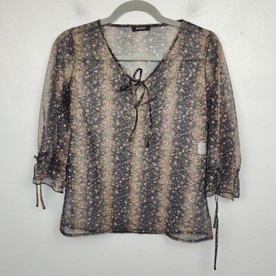 Mosaique Sheer Top Womens Large Black Floral Keyhole Japanese Designer Preppy