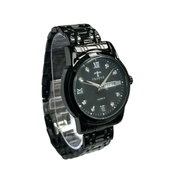 TRSOYE tono plateado cuarzo día-fecha esfera negra pulsera de acero inoxidable reloj de vestir 5