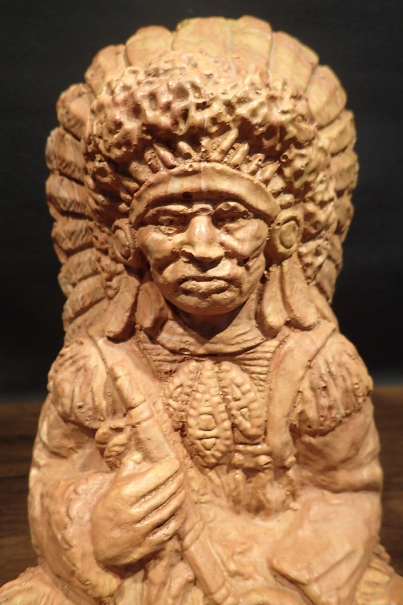 Vintage American Indian Sitting Chief Statue Mission Swirl Clay 9