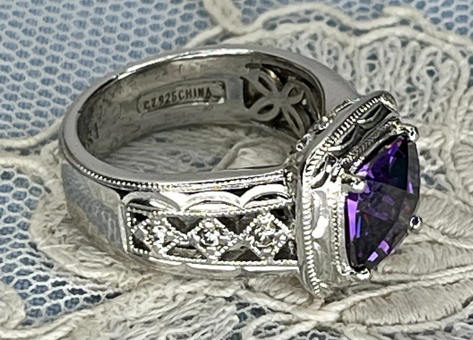 Anillo Tacori Amatista Corte Cojín Plata de Ley 925 Diamantes Creados en Laboratorio Talla 5 Foto 4 de 4