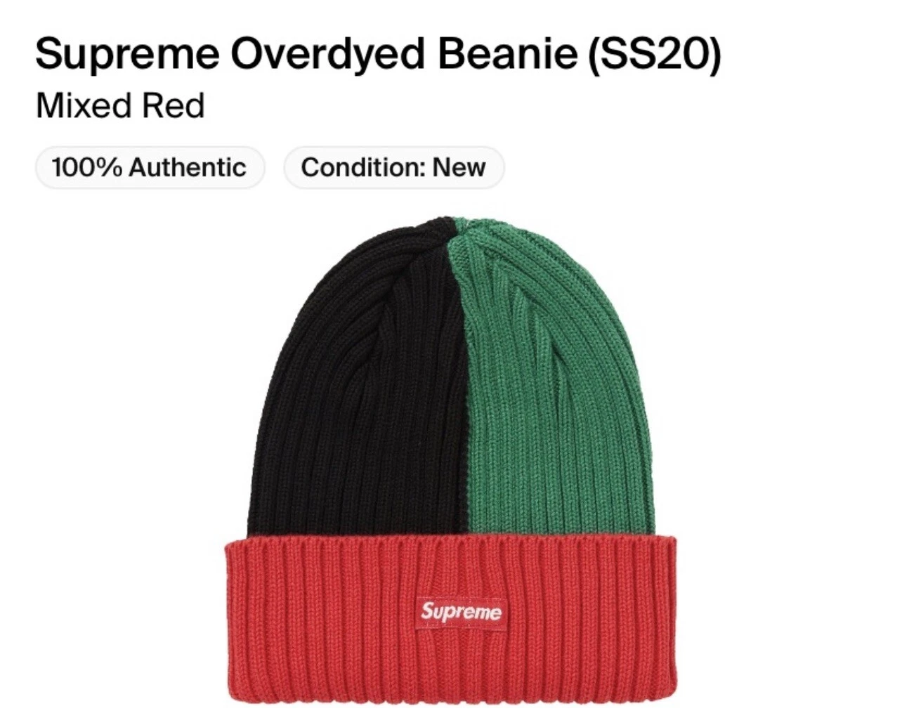 Casquette chapeau rasta rouge noir vert mixte Supreme Overdyed Beanie (SS20)