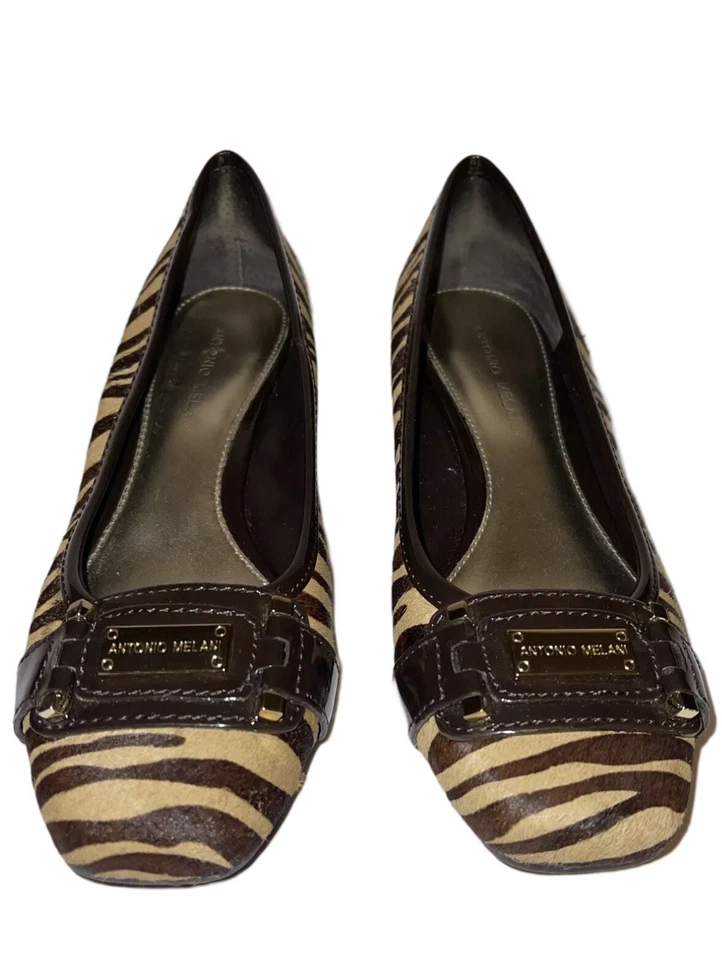 Tacones de cuero de vaca ANTONIO MELANI marrón y dorado con estampado de cebra logotipo dorado para mujer talla 8M Foto 2 de 4