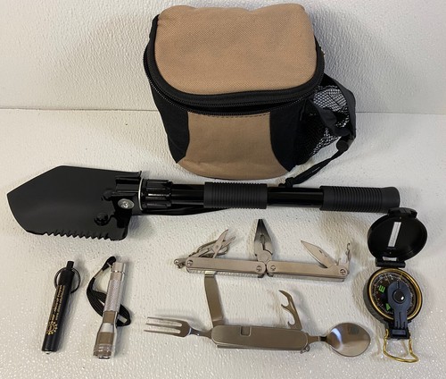Camp/Survival Kit - Fold Shovel, fork & spoon, Tools Pliers, Flashlight, Compass