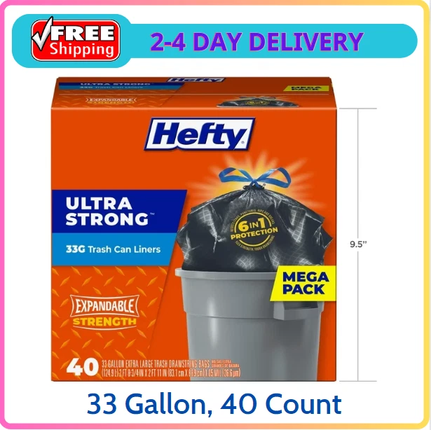 Hefty Ultra Strong Multipurpose Large Trash Bags, Black, 33 Gallon, 40 Ct  Unscen