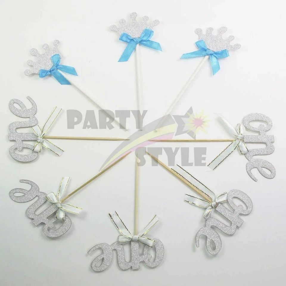 24 piezas Toppers de cupcakes plateados brillantes lazo azul para niño bebé fiesta de primer cumpleaños Foto 4 de 4