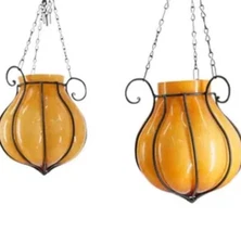 VTG Murano Amber Blown Glass Pendant Lights Set 2 Wrought Iron Cage Italy 8.5”