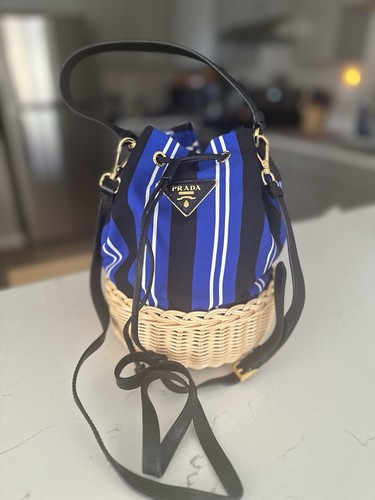 Prada Wicker and Canvas Bucket Bag. - Picture 5 of 12