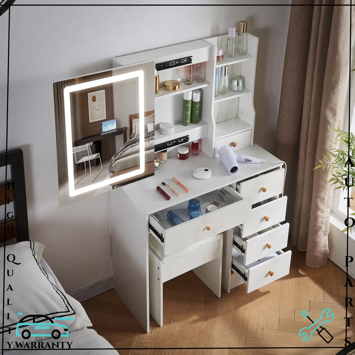 Oak makeup sale vanity with drawers