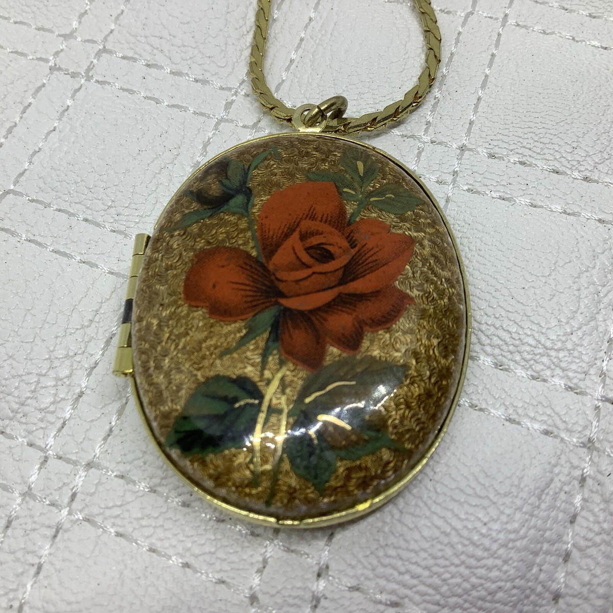 Vintage Monet Locket Necklace Rose Floral Large Oval Gold Tone 17