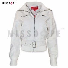 New White Womens Faux Leather Jacket Belted Motorcycle Biker Winter Thick Ladies