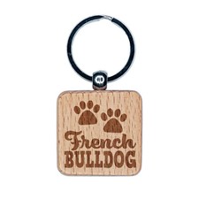 French Bulldog Dog Paw Prints Fun Text Engraved Wood Square Keychain Tag Charm