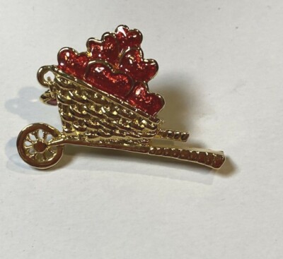 Avon Garden Of Love Lapel Pin 1992 Apple Cart Gold Red and gold tone water can